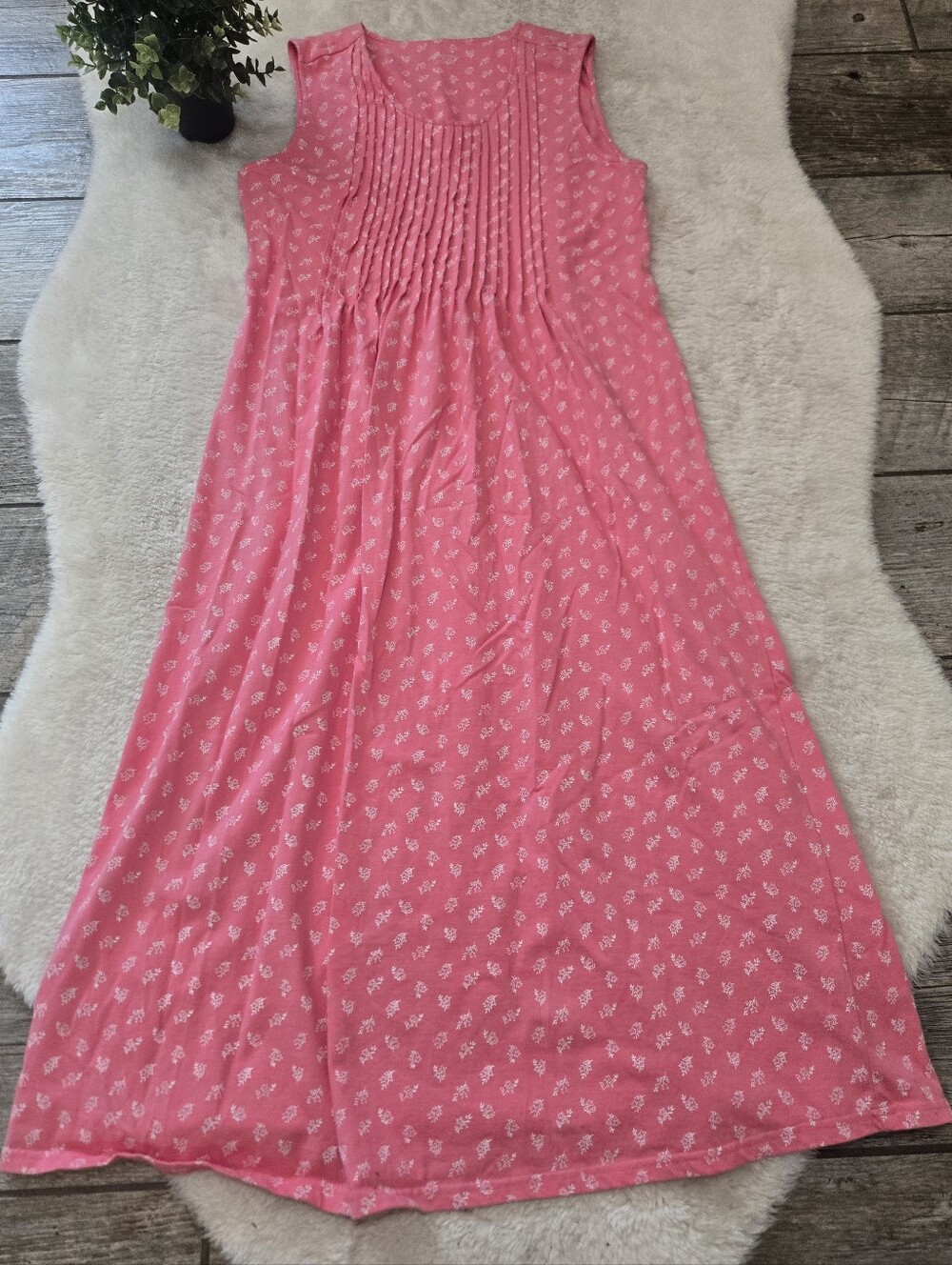 The Vermont Country Store Pink Floral Cotton Sleeveless Modest Knit Dress, M